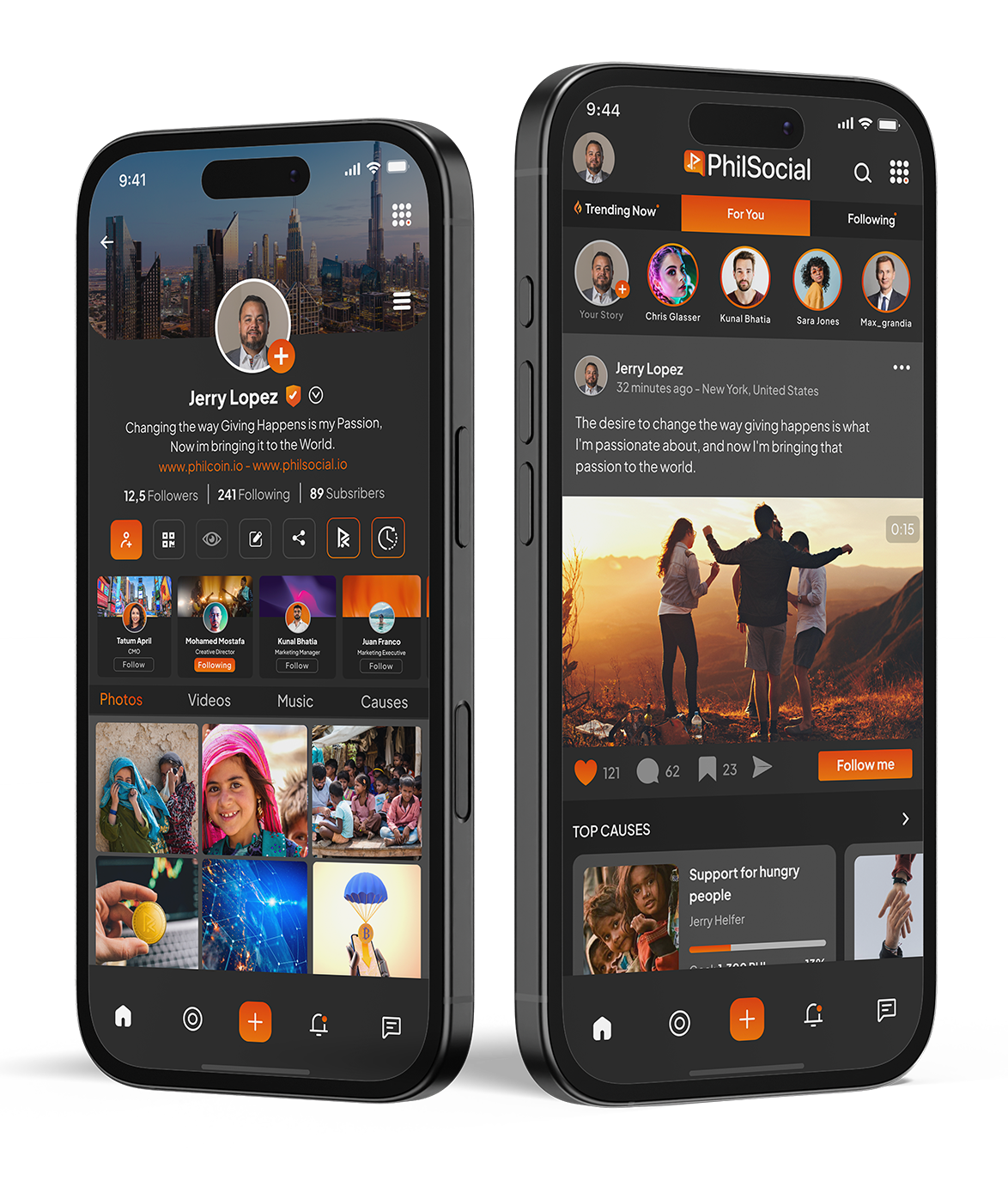 PhilSocial app screens on two iPhones